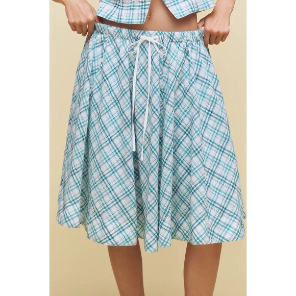 Maeve Drawstring A-Line Cotton Midi Skirt Blue Plaid XL - Picture 2 of 4